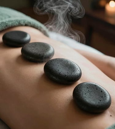 An artistic close-up photograph of smooth, dark basalt hot stones placed on a person's back during a spa treatment. Soft steam rising gently in a relaxing room with a soft sage green and deep dark brown color palette, Southeast Asian setting.