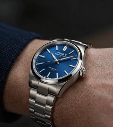 Macro shot of a luxury automatic watch on a man's wrist, silver metallic textures (#7D8C9C) reflecting deep blue lighting, sharp focus, premium lifestyle feel.