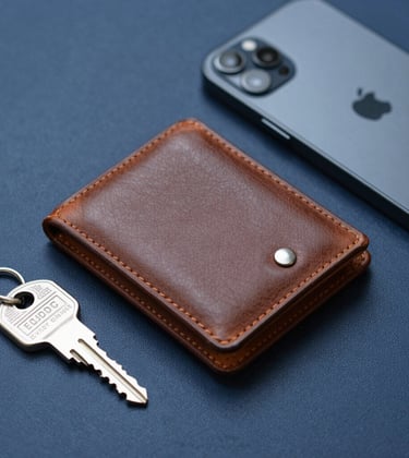 An organized flatlay of premium EDC (Every Day Carry): a high-end leather wallet, silver keys, and a sleek smartphone. Background is dark blue leather, very clean and solid.