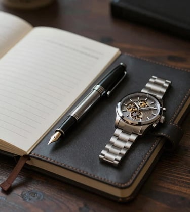 A minimalist and powerful composition featuring an open leather journal, a high-end fountain pen, and a mechanical watch on a dark wooden desk. Moody lighting, evoking a sense of discipline and strategic thinking.