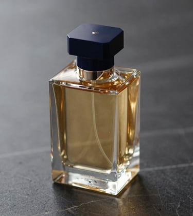 Close-up of a luxury perfume bottle on a dark marble surface. The glass is heavy and faceted, catching soft golden light. The overall mood is sophisticated and masculine, incorporating brand colors #0C1E38 and #B08D5B.