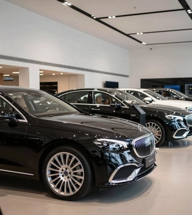 Interior of a luxury car showroom with high ceilings and white walls, several high-end black and silver sedans on display, professional European atmosphere.