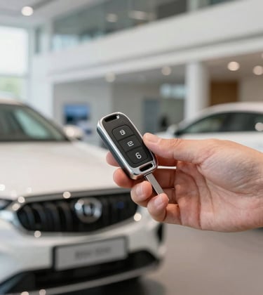 Close-up of a high-end car key being handed over in a bright, modern automotive dealership with white and silver tones, European / French setting.