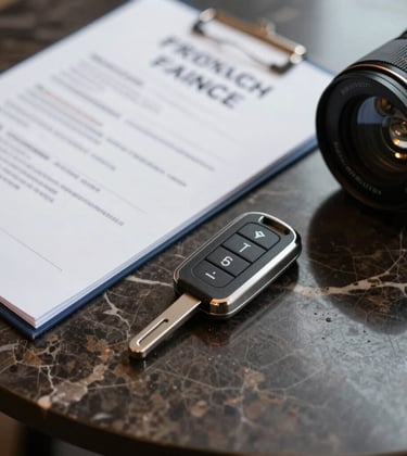 Close-up of luxury car documents and an electronic key on a dark marble table, evoking professional import and export services in a French setting.
