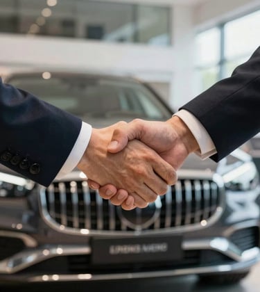 A close-up photograph of a professional handshake in a modern, brightly lit French dealership showroom, with the front grill of a luxury car in the background.