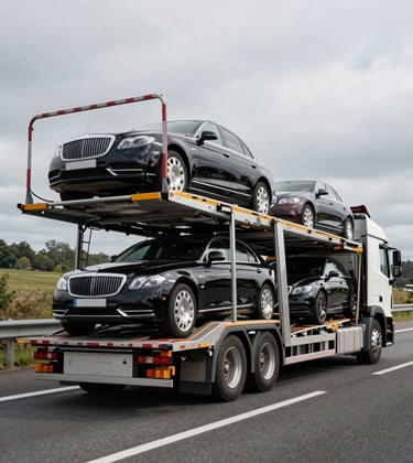 An open car transporter truck carrying several luxury vehicles on a highway, professional logistics and transport theme, European / French landscape.