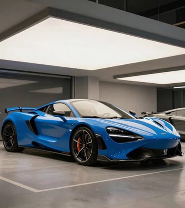 A high-performance blue sports car parked in a luxury garage with architectural lighting. European / French urban context, sleek and modern.