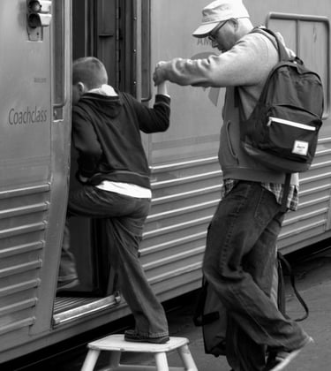 Climbing aboard an Amtrak train 