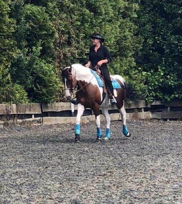Cowgirl op een bruin wit gevlekt paard