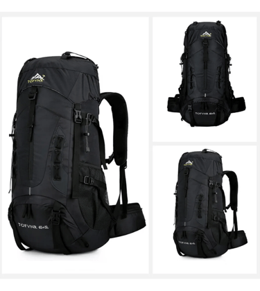 Black TOFVNR 65+5L hiking backpack shown from multiple angles for outdoor camping and trekking.