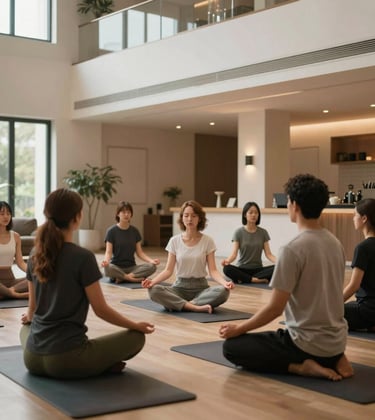 A tranquil meditation and breathwork session indoors, modern elegant architecture, sophisticated and empowering mood, Global / English-speaking individuals achieving holistic balance.