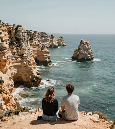 A stunning coastal cliff in Portugal, bright sunny day, sophisticated and empowering mood, a Global / English-speaking couple enjoying a transformational travel experience, muted teal blue ocean.