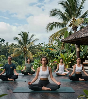 A luxurious wellness resort in Bali, lush green tropical surroundings, sophisticated and empowering mood, serene light ice blue sky, a Global / English-speaking professional practicing yoga.