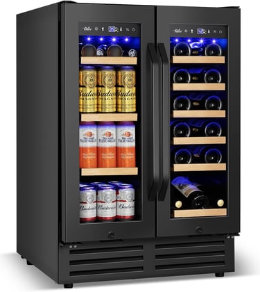 a wine cooler with two bottles of beer and cans of beer