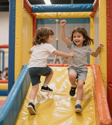 Cheerful children climbing a safe and colorful indoor play structure with soft padding. The lighting is bright and warm, reflecting a friendly atmosphere in a Southeast European recreation center.