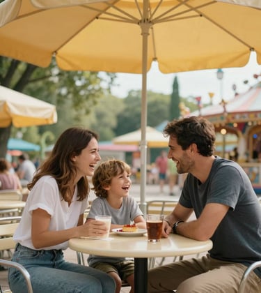 A joyful family scene in a Southeast European amusement park. Parents and a child are laughing together at a cream-colored outdoor cafe table, with a golden yellow sun umbrella providing shade. The background is a soft-focus view of park trees and light blue sky.
