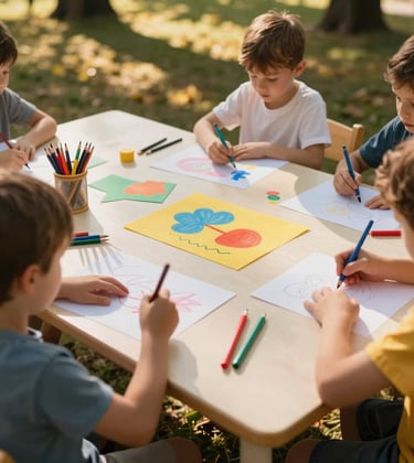 A bright and creative workshop table in a Southeast European park setting. Children's hands are visible working with colorful paper and drawing tools. The scene is lit with warm, imaginative lighting, featuring cream and golden yellow accents.