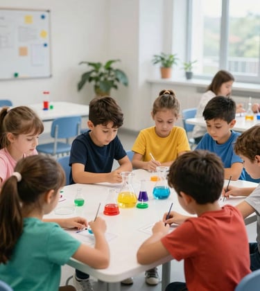 Interactive educational workshop for children with safe, engaging experiments and bright colors in a clean, modern facility, Southeast European setting.