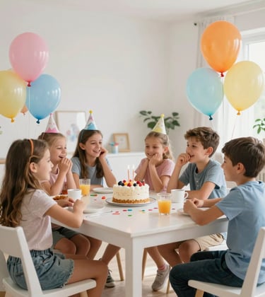 A group of happy kids sitting around a decorated birthday table with a cake, laughter, and colorful balloons in a bright, modern party room in Bulgaria.
