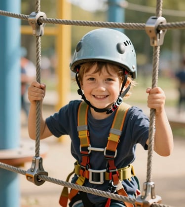 A close-up of a child in a Southeast European setting, wearing a safety helmet and smiling brightly while navigating a low, safe ropes course designed for kids. The background features light blue and golden yellow park elements under soft, warm daylight.