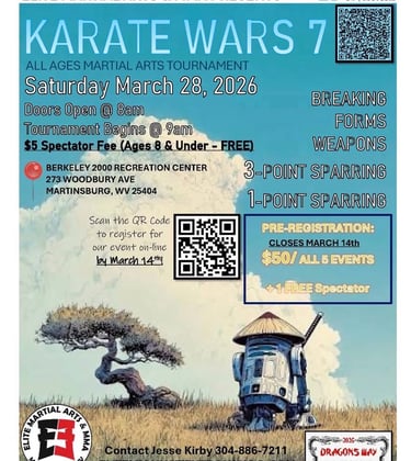 Poster for Karate Wars 7 martial arts tournament in Martinsburg, WV on March 28, 2026.