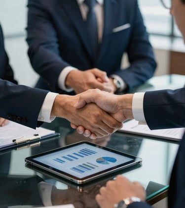 A close-up of a high-stakes business meeting between professionals in a South American / Brazilian executive boardroom. A firm handshake over a glass table with a digital tablet showing sales charts. Sophisticated atmosphere with deep navy blue and muted steel blue color palette.