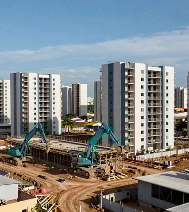 A high-quality photograph of a residential development construction site in a South American / Brazilian metropolitan area, showing modern machinery and structured land, with accents of Slate Teal and Soft Steel Blue in the equipment and sky.