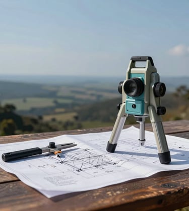 A high-end photography shot showing a vast landscape ready for development in a South American / Brazilian region, with a focus on land surveying tools and blueprints resting on a wooden table. Muted steel blue and soft slate blue tones, professional and strategic lighting.