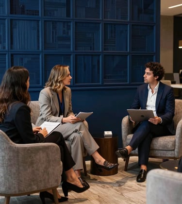 A professional interior photograph of a modern South American / Brazilian sales lounge, featuring elegant furniture, deep midnight blue decorative elements, and professionals discussing strategic plans.