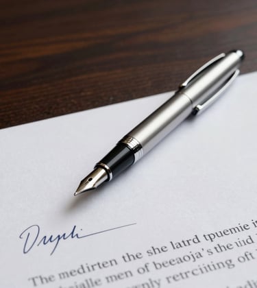 A high-angle, clean photography shot of a silver luxury pen resting on top of a signed contract. The focus is sharp on the metallic tip of the pen and the high-quality paper. The background is a dark, sophisticated wood surface. Global / International professional environment.