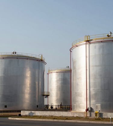 Sleek, industrial petroleum storage tanks at a modern terminal under a bright silver sky, reflecting a clean, organized, and sophisticated operation. Global / International.