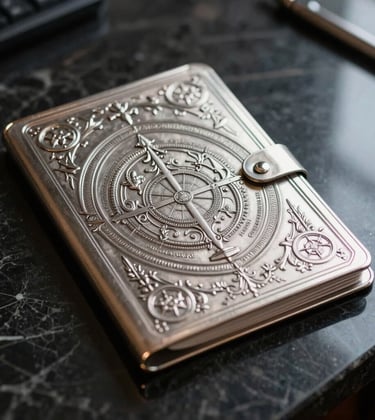 A close-up, high-end photograph of a silver embossed legal folder sitting on a polished black marble desk. The lighting is dramatic and focused, highlighting the metallic texture and the premium quality of the stationery. Global / International context.