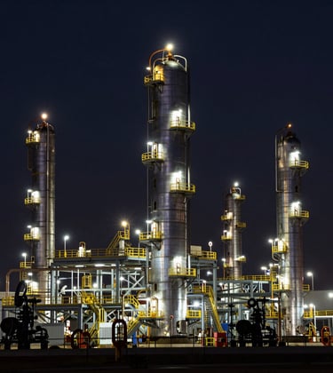 A professional photography shot of an industrial oil refinery at twilight, captured with a soft focus that emphasizes the glowing silver lights and geometric structures against a deep black sky. The style is authoritative and sophisticated. Global / International setting.