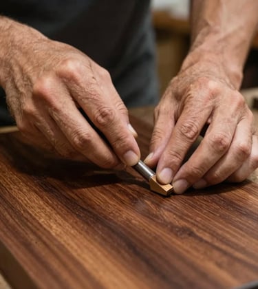 Close-up of a skilled artisan's hands in a Brazilian workshop, carefully polishing a rich dark brown wooden surface. The lighting is soft and natural, emphasizing the professional quality of the woodwork.