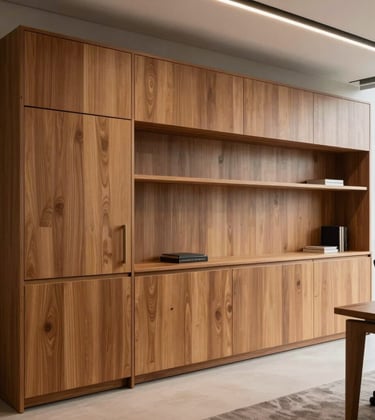 Elegant contemporary office interior in Rio de Janeiro featuring bespoke light brown wooden cabinetry and shelving. The design is sleek, functional, and radiates professional sophistication.