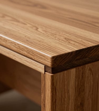 Macro shot of high-quality wood joinery detail on a custom-made desk. The finish is flawless, showing the expertise of Brazilian craftsmanship. Colors feature warm beige and deep brown tones.