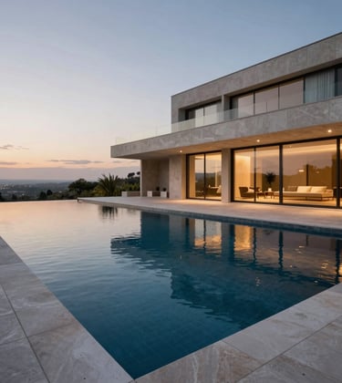 An wide-angle exterior shot of a contemporary infinity pool at dusk, part of a premium estate in the Iberian Peninsula. The pool water is a deep navy blue, reflecting the gold and grey tones of the architecture. Clean lines and exclusive atmosphere.