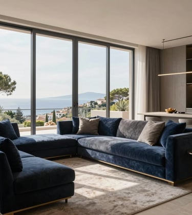 A luxurious modern living room with floor-to-ceiling windows overlooking a Mediterranean landscape in Spain. Sophisticated furniture in navy blue and grey, with subtle gold accents in the decor. Minimalist and airy composition, warm natural lighting.