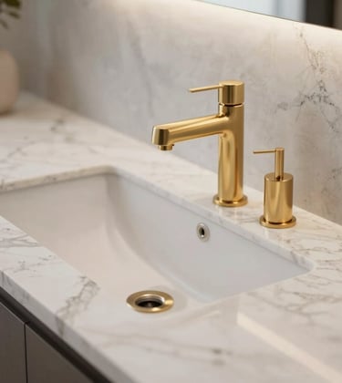 Close-up of premium materials in a modern Spanish property: white cream marble countertops and minimalist gold fixtures. The lighting is soft and elegant, emphasizing quality and financial solidity. Professional real estate photography.
