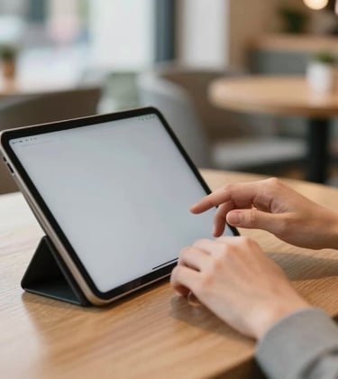 A close-up of a person typing on a modern tablet in a bright, stylish Central European cafe, representing the flexibility of online work, soft modern aesthetic.