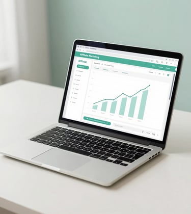 An elegant, minimalist desk setup with a modern laptop showing an affiliate marketing dashboard with rising graphs, soft natural light, Central European style, professional and trusting feel, soft pale mint green and clean off-white tones.
