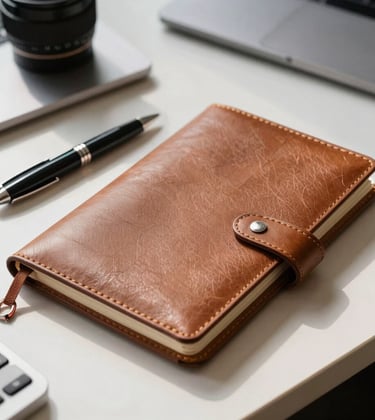 A premium leather notebook with a high-end pen on an executive desk, symbolizing structured financial planning, soft morning light, Central European style, modern corporate lifestyle.