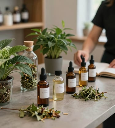 A close-up of a holistic professional's desk in a modern Western European / French wellness office, featuring glass bottles of herbal extracts and fresh dark forest green plants on a warm greige surface.