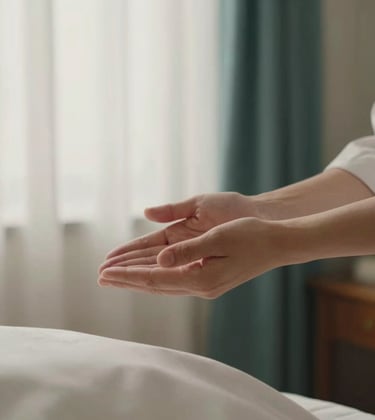 A soft-focus photography of a healing session in a Western European / French interior; a practitioner's hands hover above a client, with soft off-white curtains and muted teal accents in the background.
