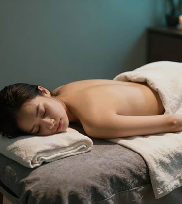 A peaceful Western European / French spa setting showing a person resting on a warm greige massage table, with soft off-white linens and muted teal lighting, focusing on the atmosphere of pure relaxation.