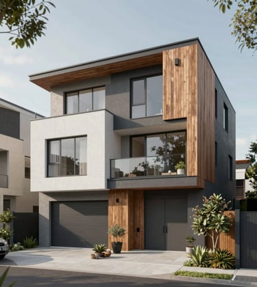 Architectural rendering of a premium multi-dwelling townhouse development in an upscale NSW suburb. The design is modern and sophisticated, featuring private courtyards and high-end timber finishes. The atmosphere is professional and exclusive, utilizing a palette of #4A5759 and #212121.