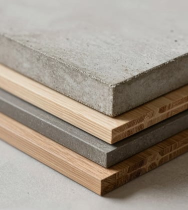Close-up of premium building materials: a stack of high-quality timber and polished concrete samples. Clean, industrial, and high-end feel.