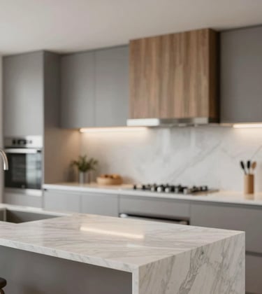 Modern kitchen interior of a high-end development featuring marble countertops and custom cabinetry in soft grey and wood tones. Elegant and functional.