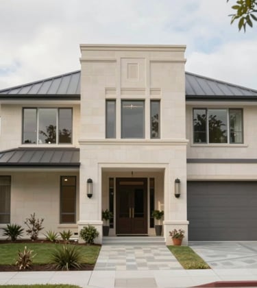 An exterior view of a completed custom luxury home facade in NSW. The building features premium natural stone, architectural metal accents, and a grand entrance. The style is modern yet timeless, evoking enduring quality. Mood is sophisticated and affluent, using #F5F2ED and #C8B8A3.