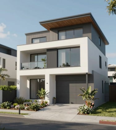 Exterior shot of a contemporary multi-dwelling townhouse development in a coastal NSW suburb. Sophisticated architectural lines, high-end materials, and professional landscaping. Clean and modern aesthetic.